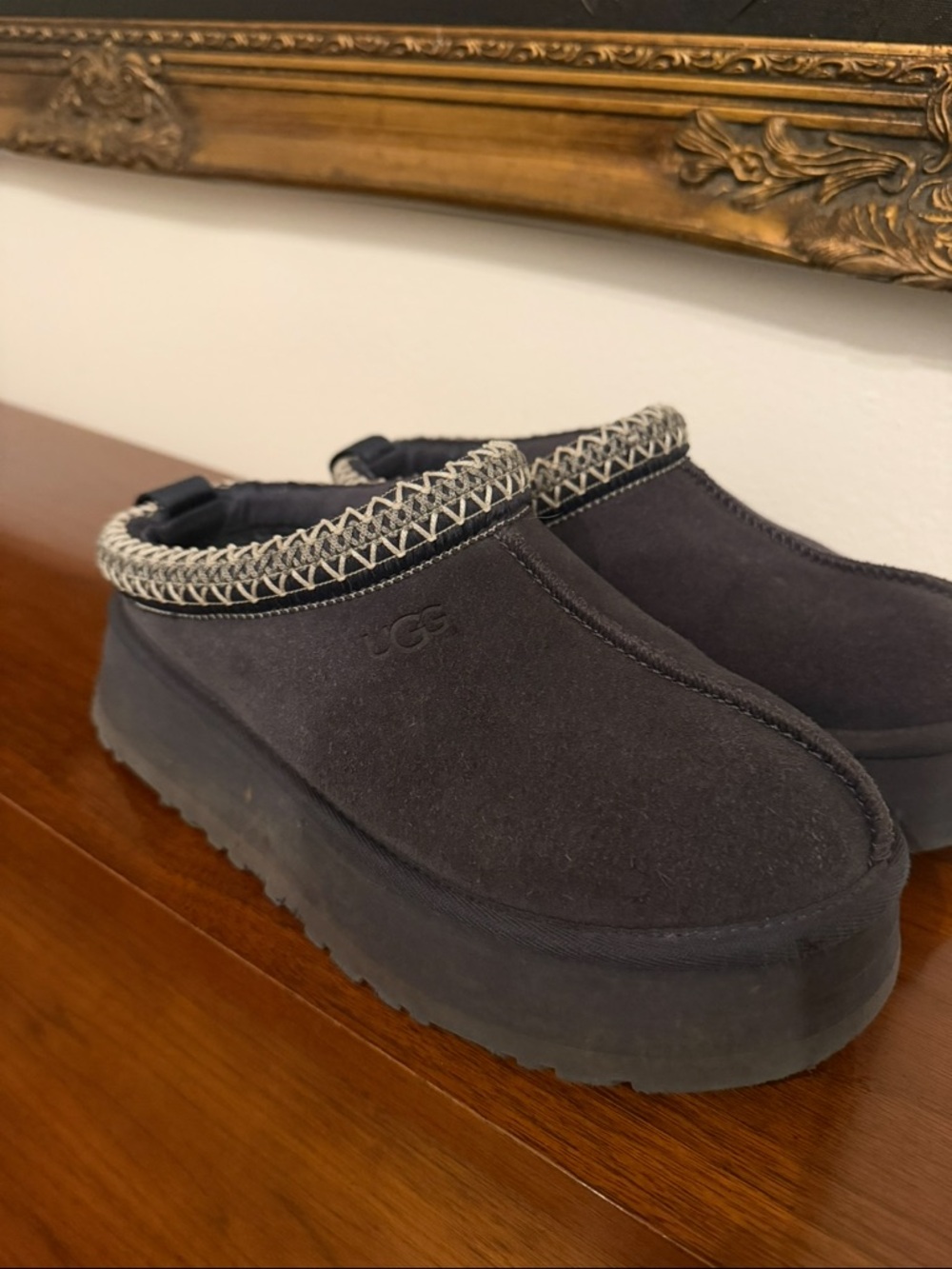 UGG Navy Suede Slip-On Platform Slippers with Contrast Trim